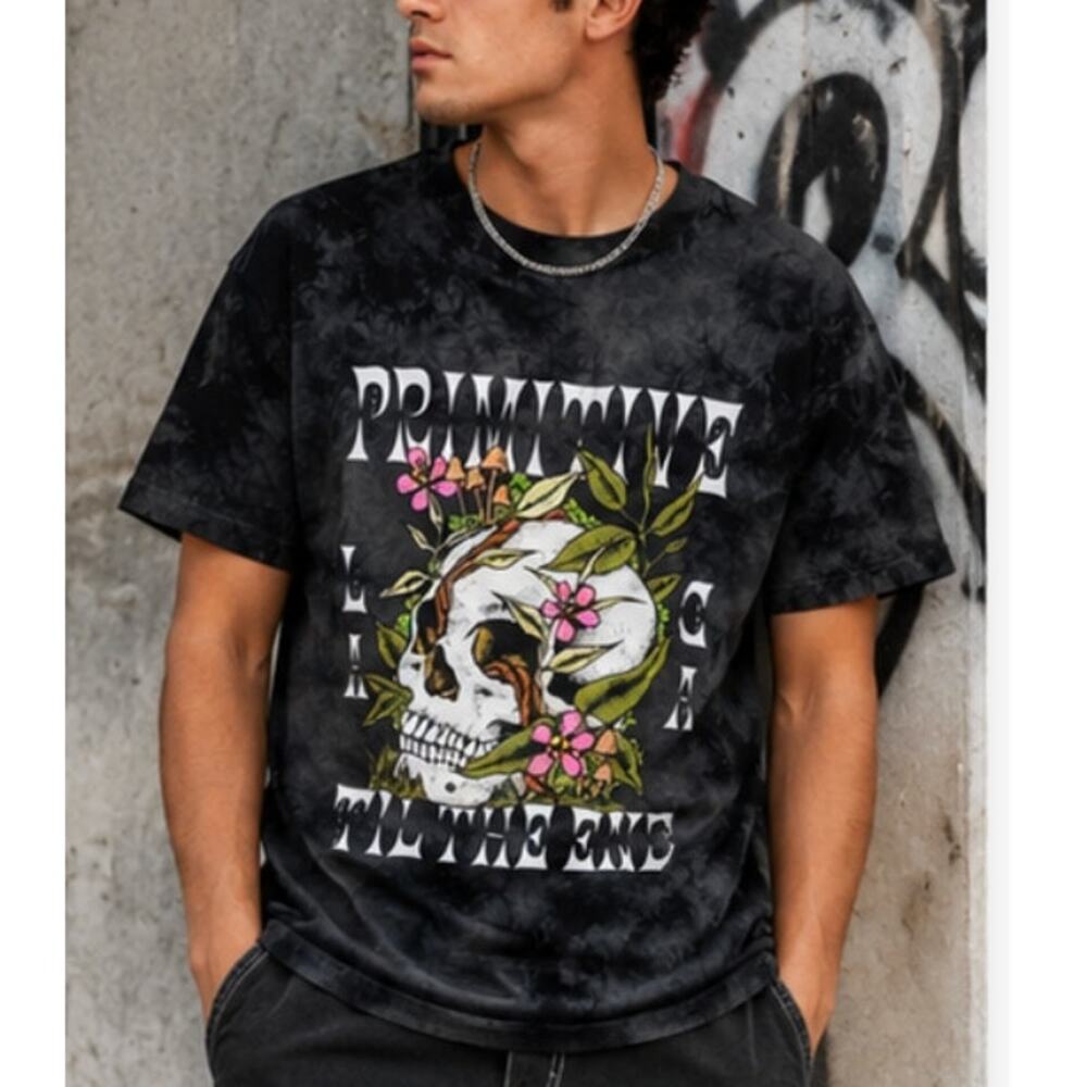 Primitive Skateboarding Till The End Skull Floral Acid Wash Graphic Tee Mens S